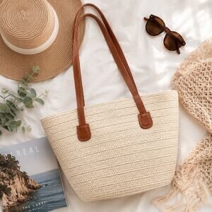 Straw Woven Tote Beach Bag Coastal Resort Market Shopper NWOT Summer Purse